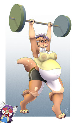 anthro belly big_belly biped black_bottomwear black_clothing black_shorts blood blue_clothing blue_shirt blue_topwear bodily_fluids bottomwear breasts clothed clothed_anthro clothed_female clothing exercise female heart_eyes heart_symbol lactating lactating_through_clothing logo nosebleed paws pregnant pregnant_anthro pregnant_female shirt shorts simple_background solo topwear weightlifting wet wet_clothing workout milk-jug lila_(trashy_nurd) selia_(trashy_nurd) hyena mammal 2022 artist_logo digital_drawing_(artwork) digital_media_(artwork) hi_res gynomorph_(lore) herm_(lore)