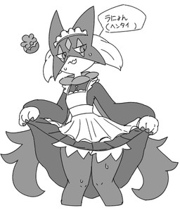 3_fingers ambiguous_gender anthro bodily_fluids bottomwear cape claws clothed clothing clothing_lift dress dress_lift finger_claws fingers flower_(anatomy) flower_trick holding_bottomwear holding_clothing holding_object holding_skirt insult insulting_viewer jagged_mouth maid_apron maid_headdress maid_uniform mask open_mouth simple_background skirt solo speech_bubble standing sweat sweatdrop text uniform white_background white_sclera yakiniku628 nintendo pokemon generation_9_pokemon meowscarada pokemon_(species) hi_res japanese_text monochrome translated