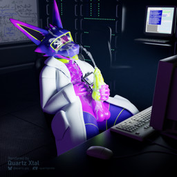 anthro aroused balls blue_body blush blush_lines bodily_fluids chair claws clothing coat collar computer computer_keyboard computer_mouse cum cum_drip cum_dripping_from_mouth cum_in_mouth cum_inside cum_on_belly cum_on_body cum_on_chest cum_on_chin cum_on_clothing cum_on_face cum_on_hand cum_on_head cum_on_lab_coat cum_on_penis cum_on_self cum_on_tongue cumshot dark_room depth_of_field desk detailed_background dimly_lit dripping ejaculation electronics excessive_cum excessive_genital_fluids facial_markings furniture genital_fluids genitals glistening glistening_body green_accents green_collar green_mouth green_nostrils green_penis green_tongue hand_on_belly hand_on_penis head_markings id_card id_tag knot knotted_penis lab_coat laboratory looking_at_computer looking_at_monitor looking_at_object looking_pleasured machine male markings masturbation metal_collar motion_blur multicolored_body office_chair one_eye_closed orgasm penis purple_accents purple_balls purple_body qr_code ridged_penis scaled_penis screen screen_face server server_room solo speaker_ears spikes synthetic synthetic_penis table tongue tongue_out topwear white_claws white_eyes whiteboard quartz_xtal_(artist) blender_cycles quartz_xtal android kobold lautus-k robot robot_anthro scalie 1:1 3d_(artwork) absurd_res blender_(artwork) digital_media_(artwork) hi_res