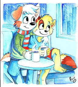 anthro blue_bottomwear blue_clothing blue_pants blue_shirt blue_t-shirt blue_topwear bottomwear cheek_tuft closed_smile clothed clothing container cup dipstick_tail duo facial_tuft front_view fur furniture green_clothing green_sweater green_topwear hair head_tuft holding_container holding_cup holding_mug holding_object hug inside knee_tuft leg_tuft logo male male_anthro markings mouth_closed mug pants raining shirt short_hair sitting smile sweater t-shirt table tail tail_markings topwear tuft white_body white_fur white_hair window yellow_body yellow_fur young young_anthro young_male pandapaco canid canine canis domestic_dog mammal artist_logo signature