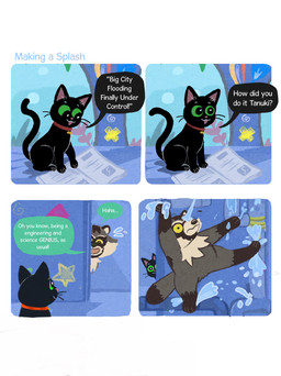 ambiguous_gender aquarium black_body black_fur bodily_fluids collar comic_panel dialogue duo feral fur glistening glistening_eyes inside leaking newspaper peeking_around_corner semi-anthro sitting spiral star sweat sweatdrop text vivarium water whiskers shanhorandraws little_kitty_big_city little_kitty_(lkbc) tanuki_(lkbc) canid canine domestic_cat felid feline felis mammal raccoon_dog tanuki 2025 comic english_text hi_res official_art