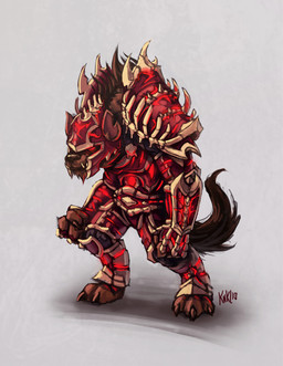 anthro armor bone_armor brown_body brown_fur claws digitigrade fur glowing glowing_eyes grey_background male red_armor red_eyes simple_background solo standing tail kienan_lafferty blizzard_entertainment warcraft gnoll hyena mammal 2010 digital_media_(artwork) hi_res official_art