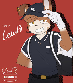 anthro backpack band-aid bandage burger clothing ear_piercing electronics fast_food_employee fast_food_uniform food gloves handwear headgear headphones headset male piercing red_background simple_background smile solo burnny's leudi_(burnny's) lagomorph leporid mammal rabbit hi_res