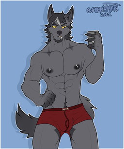 5_fingers abs anthro blue_background boxer_briefs bulge cigarette claws clothing electronics fingers hand_on_hip holding_object holding_phone male muscular nipples pecs phone pubes red_clothing red_underwear selfie simple_background solo underwear yellow_sclera frenhm rafael_toledo canid canine canis mammal wolf 2022 5:6 absurd_res hi_res