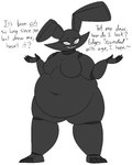 2022 3_toes 4_fingers animatronic anthro asking_artist asking_for_opinion belly belly_overhang big_belly biped black_body black_ears black_eyebrows black_text black_tuft breaking_the_fourth_wall breasts cheek_tuft crossgender deep_navel eyebrows eyelashes facial_tuft featureless_breasts feet female female_anthro fingers full-length_portrait gesture greyscale lagomorph leporid looking_at_viewer machine mammal monochrome mtf_crossgender narrowed_eyes naturally_censored navel noseless nude nude_anthro nude_female obese obese_anthro obese_female overweight overweight_anthro overweight_female portrait question_mark quotation_marks rabbit rabbit_ears robot shadow_creature shrug simple_background solo standing talking_to_artist term_of_endearment text thatoneaceguy tilde_after_text toes tuft underline white_background white_eyes white_mouth