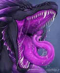 ambiguous_gender blue_background bodily_fluids cheek_frill detailed_mouth fangs feral first_person_view forked_tongue frill_(anatomy) glistening glistening_eyes grey_body grey_scales head_crest head_frill long_neck mouth_shot narrowed_eyes open_mouth pupils purple_tongue saliva saliva_on_tongue saliva_string scales sharp_teeth simple_background slit_pupils solo teeth tongue tongue_out santanahoffman mythology mizurai_(lolhorse) dragon mythological_creature mythological_scalie scalie hi_res