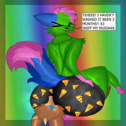 big_butt bodily_fluids butt clothing dont_touch_my_pizza facesitting sitting_on_another suggestive sweat underwear archenarie zanite canid canine canis kobold mammal scalie wolf 1:1 absurd_res hi_res meme