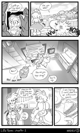 2_tails anthro big_nose boots building clothed clothed_anthro clothed_female clothing cloud container cup desk dialogue dress electronics eyelashes female fence food footwear fully_clothed fully_clothed_anthro fully_clothed_female furniture garage gloves group handwear house male multi_tail plant quills_(anatomy) rolling_chair running sandwich_(food) shoes speech_bubble stool table tail tea_cup teapot television text tools tree trio workbench workshop wrench krazyelf sega sonic_the_hedgehog_(series) amy_rose miles_prower sonic_the_hedgehog canid canine eulipotyphlan fox hedgehog mammal 3:5 absurd_res black_and_white comic english_text hi_res monochrome