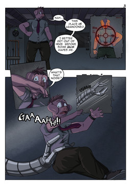 abandoned_building accessory anthro clothed clothed_anthro clothed_male clothing comic_panel curvy_figure dialogue machine male necktie pink_body robotic_arm short_sleeved_shirt solo speech_bubble text wide_hips alphasabre valentino_(alphasabre) domestic_pig mammal robot suid suine sus_(pig) comic english_text hi_res