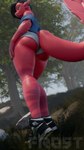 anthro big_butt black_hair bottomwear butt clothed clothing female footwear forest hair looking_at_viewer plant red_body shoes shorts smile solo standing tail thick_thighs tree wide_hips fr05t_protogen blender_cycles ren_(remanedur) fish marine 2024 3d_(artwork) 9:16 blender_(artwork) digital_media_(artwork) hi_res nonbinary_(lore)