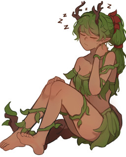 accessory barefoot breasts eyes_closed feet female green_hair hair hair_accessory hair_ribbon hand_on_neck horn humanoid_pointy_ears leaf_clothing medium_breasts medium_hair not_furry pointy_ears red_ribbon ribbons simple_background sitting sleeping solo sound_effects tan_body vowelless vowelless_sound_effect white_background zzz lattitudinal terraria dryad_(terraria) dryad elf humanoid absurd_res full-length_portrait hi_res portrait