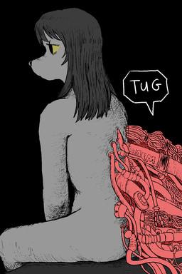 ambiguous_gender anthro black_background black_eyes black_hair hair half-closed_eyes long_hair narrowed_eyes nude pipe simple_background sitting solo text wire yellow_sclera yourneighbortoasty sinkdog canid canine canis domestic_dog mammal 2:3 comic digital_media_(artwork) english_text hi_res
