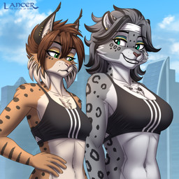 accessory anthro bra breast_envy breast_size_difference breasts brown_hair clothing duo female fur grey_body grey_fur grey_hair grin hair headband markings navel smile sports_bra spots spotted_body spotted_fur tan_body tan_fur teeth underwear heresy_(artist) lancer:_the_knights_of_fenris sports_bra_difference_meme ivanna_morozov mika_fadeneir domestic_cat felid feline felis lynx mammal pantherine snow_leopard 1:1 hi_res