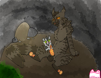 adult_on_young age_difference amber_eyes balls bent_tail black_body black_fur blush brown_balls brown_body brown_fur cave chest_tuft claws crooked_tail duo facial_markings feral fur genitals green_eyes head_markings head_tuft logo male male/male markings moss multicolored_body multicolored_fur on_ground oral orange_eyes orange_pawpads orange_penis pawpads penile_spines penis plant red_claws rock smile smiling_at_another smiling_at_partner smirk smirking_at_partner striped_body striped_fur striped_markings striped_tail stripes tabby_fur tail tail_markings text tongue tongue_out tuft white_body white_fur young young_feral young_male whitefroggim warriors_(book_series) badgerfang_(warriors) brokenstar_(warriors) domestic_cat felid feline felis mammal tabby_cat artist_logo artist_name hi_res