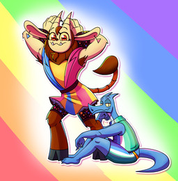 anthro blue_body blue_scales claws clothed clothing costume duo ear_piercing facial_hair fangs female flashy_clothes fur goatee half-closed_eyes hands_behind_head hooves horn lgbt_pride looking_at_viewer male mane multicolored_clothing narrowed_eyes piercing pointy_nose pride_color_background pride_colors scales simple_background sitting smile smiling_at_viewer standing stinger stinger_tail tail teeth underbite wide_eyed travis_fowler dungeon_flippers european_mythology iranian_mythology lgbt_pride_month middle_eastern_mythology mythology cleaveland_(dungeon_flippers) maulie_(dungeon_flippers) dragon felid mammal manticore mythological_creature mythological_scalie scalie western_dragon 2025 hi_res