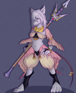 4_toes 5_fingers accessory anthro blue_eyes bow_ribbon claws clothed clothing feet female female_anthro fingers footwear furgonomics hair hair_over_eye holding_melee_weapon holding_object holding_weapon long_hair looking_at_viewer melee_weapon navel polearm pose ribbons solo spear standing tail tail_accessory tail_bow tail_ribbon toes weapon white_body pinkydumb final_fantasy final_fantasy_ix square_enix freya_crescent burmecian mammal murid murine rat rodent hi_res