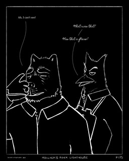 anthro beak binoculars black_background black_border border clothing collared_shirt darkness dialogue duo holding_object holding_pipe male markings narrowed_eyes night pipe shirt simple_background squint text topwear whisker_markings sharkinthepark maccaw_(sharkinthepark) macleish_(sharkinthepark) avian bird canid canine canis domestic_dog mammal owl 2025 4:5 absurd_res black_and_white comic english_text hi_res monochrome