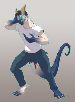 black_sclera bottomwear brown_hair claws clothing eyewear glasses glowing glowing_eyes green_eyes hair horn male pants shirt simple_background solo tail topwear transformation white_clothing white_shirt white_topwear nolhyaa microsoft the_elder_scrolls argonian human mammal scalie 2025 digital_media_(artwork) hi_res
