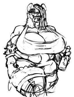 alcohol anthro armband beverage big_breasts bite bottle bracelet breasts clothing container dreadlocks eyeshadow female hand_on_hip holding_bottle holding_container holding_object huge_breasts jewelry looking_at_viewer makeup musclegut muscular neck_tuft shirt solo spiked_armband spiked_bracelet spikes tank_top thick_thighs tongue tongue_bite topwear tuft djpuppeh jacklyn_sheen hyena mammal spotted_hyena hi_res line_art monochrome sketch unfinished
