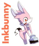 anthro bent_over bottle breasts container eyelashes featureless_breasts female fur ink ink_bottle inkwell logo looking_at_viewer mascot navel neck_bow nude one_eye_closed pink_body pink_fur red_eyes solo standing text wink dash-the-cheetah inkbunny inkbunny_(character) lagomorph leporid mammal rabbit hi_res