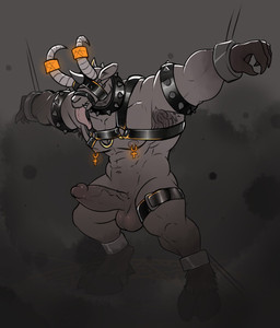 abs anthro armpit_hair bdsm big_penis body_hair bondage bondage_gear bound chain chained covered_eyes erection genitals grey_body harness hooves horn leather leather_harness long_tongue male muscular muscular_anthro muscular_male muzzle_(object) navel nipple_piercing nipples nude pecs penis piercing solo tongue tongue_out andrefil360 bovid caprine caprine_demon demon goat goat_demon mammal hi_res