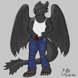 4_fingers 4_toes anthro anthrofied big_tail black_body black_scales blue_bottomwear blue_clothing blue_jeans blue_pants bottomwear claws clothed clothing denim denim_bottomwear denim_clothing erection feet fin finger_claws fingers front_view fully_clothed genitals green_eyes grey_background horn jeans legwear long_tail looking_at_viewer male male_anthro membrane_(anatomy) membranous_wings muscular muscular_anthro muscular_male open_bottomwear open_clothing open_jeans open_pants pants pantyhose pecs penis red_penis scales shirt simple_background smile solo tail tail_fin tank_top tapering_penis tapering_tail thick_tail toe_claws toes topwear torn_bottomwear torn_clothing torn_jeans torn_pants white_clothing white_shirt white_tank_top white_topwear wings spe dreamworks european_mythology how_to_train_your_dragon mythology toothless dragon fury_(httyd) mythological_creature mythological_scalie night_fury scalie western_dragon 1:1 2025 dated digital_drawing_(artwork) digital_media_(artwork) full-length_portrait hi_res portrait procreate_(artwork) signature sketch