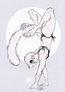 4_fingers 4_toes anthro arm_tuft barefoot bikini black_bikini black_clothing black_swimwear breasts butt claws clothed clothing cute_fangs ear_piercing ear_ring elbow_tuft facial_piercing fangs feet female finger_claws fingerpads fingers fluffy fluffy_tail handstand head_tuft hindpaw knee_tuft leg_tuft looking_at_viewer mouth_closed multiple_piercings neck_tuft nose_piercing nose_ring pawpads paws piercing ring_piercing septum_piercing septum_ring side_boob simple_background small_breasts smile smiling_at_viewer snaggle_tooth soles solo swimwear tail teeth text toe_claws toes tuft two-piece_swimsuit upside_down azuza domestic_ferret mammal mustelid musteline true_musteline weasel 2023 artist_name dated hi_res monochrome sketch