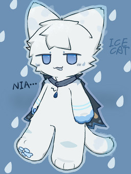 anthro arms_down blue_eyes blue_gem blue_pawpads cloak clothing fur gem happy looking_at_viewer male pawpads raining raised_tail simple_background smile smiling_at_viewer solo solo_focus standing tail white_body white_fur icecatqwq felid feline felis mammal 2026 hi_res