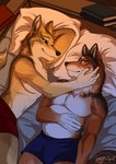 absurd_res anthro bed bed_sheet bedding biggoodwolf blue_eyes book boxers_(clothing) brown_body brown_fur canid canine canis cheek_tuft chest_tuft clothing coyote duo eye_contact facial_tuft freckled_face freckles fur furniture gravitational_pull hand_on_cheek head_tuft hi_res littlebadwolf looking_at_another loving_gaze lying lying_on_bed male male/male mammal neck_tuft on_back on_bed on_side orange_eyes pillow red_body red_fur red_wolf romantic romantic_couple ryan_porter_(gravitational_pull) shelf skyler_adams_(gravitational_pull) text tuft underwear url white_body white_fur wolf yellow_body yellow_fur