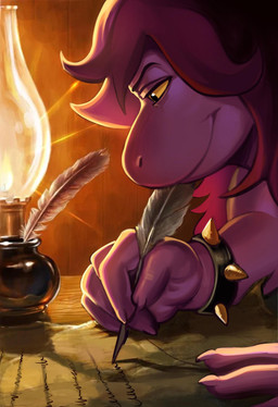 5_fingers anthro black_hair bracelet eyebrows female fingers hair inkwell inside jewelry lamp long_hair loose_feather paper quill smile solo spiked_bracelet spikes writing_text yellow_sclera cloudisnotsleeping deltarune one_piece undertale_(series) susie_(deltarune) dinosaur prehistoric_species reptile scalie 2025 hi_res meme
