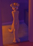 animal_genitalia anthro balls black_nose blonde_hair blue_eyes blush casual_nudity doorway flaccid french_artist fully_sheathed genitals hair hands_behind_back looking_at_viewer male nude nude_anthro nude_male penis sheath solo standing_in_doorway wallpaper_(decoration) young young_anthro chokodonkey conditional_dnp canid canine canis domestic_dog mammal hi_res