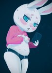 anthro belly_nipples blue_eyes blush breasts cellphone clothed clothing clothing_lift electronics embarrassed female multi_nipple nipples phone selfie smartphone solo underwear moitasart lagomorph leporid mammal rabbit hi_res