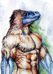 abs anthro biceps black_body black_scales brown_body brown_feathers feathers looking_at_viewer male muscular muscular_anthro muscular_male pecs scales side_view simple_background solo standing hakutouwasi dinosaur dromaeosaurid dromaeosaurus feathered_dinosaur feathered_scalie prehistoric_species reptile scalie theropod half-length_portrait portrait traditional_media_(artwork)