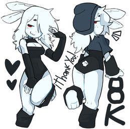 :3 anthro arm_warmers armwear breasts cleavage clothed clothing crop_top dark_clothing female hair leotard on_one_leg rabbit_ears red_eyes scut_tail shirt short_tail simple_background solo standing tail topwear white_background white_body white_hair kopito kopito_(kopito) lagomorph mammal absurd_res hi_res
