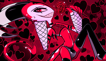 5_fingers armwear black_horn blush bulge choker clothing eyelashes eyeliner fingers fishnet_armwear fishnet_clothing fishnet_topwear flower heart_symbol hooved_toes hooves horn jewelry latex latex_clothing latex_legwear latex_underwear legwear looking_at_viewer makeup male markings necklace plant pose red_body red_skin rose_(flower) scar sharp_teeth showing_teeth small_waist smile solo spikes tail teeth topwear underwear white_body white_skin fancheesy hellaverse helluva_boss blitzo_(helluva_boss) demon humanoid imp hi_res pinup