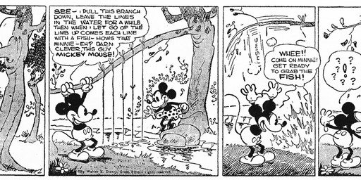 anthro bottomwear clothed clothing dialogue duo female footwear gloves handwear high_heels male open_mouth outside plant question_mark river shoes text tree water floyd_gottfredson disney public_domain mickey_mouse minnie_mouse mammal rodent 1930 20th_century absurd_res ancient_art black_and_white dated hi_res monochrome signature