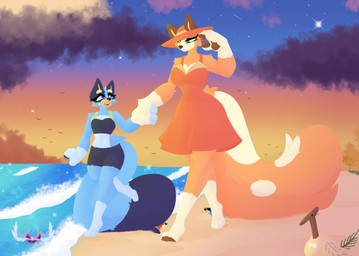 anthro beach big_tail blue_body blue_eyes blue_fur brown_body brown_fur cheek_tuft clothed clothing detailed_background dress duo facial_tuft female fluffy fluffy_tail fur green_eyes hand_holding happy hat headgear headwear multicolored_body multicolored_fur orange_body orange_fur pawpads paws sand sky skyscape smile smiling_at_another smiling_at_each_other smiling_at_partner star swimwear tail teeth tuft walking wide_hips tsukipaw bluey_(series) bluey_heeler chilli_heeler long_dog_(bluey) australian_cattle_dog canid canine canis cattledog domestic_dog herding_dog mammal pastoral_dog detailed hi_res daughter_(lore) mother_(lore) mother_and_child_(lore) mother_and_daughter_(lore) parent_(lore) parent_and_child_(lore) parent_and_daughter_(lore)