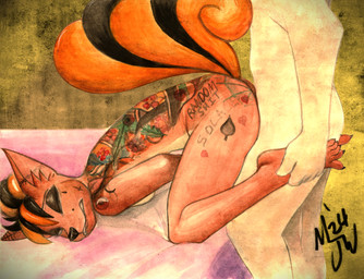 anthro arm_tattoo back_tattoo biped bite biting_lip black_body black_eyeshadow black_fur black_hair black_nose claws clenched_teeth doggystyle ear_tattoo eyes_closed eyeshadow facial_tattoo feet female from_behind_position fur hair highlights_(coloring) holding_feet makeup male male/female orange_body orange_fur orange_hair pink_bed sex shoulder_tattoo simple_background solo tattoo teeth yellow_background mjw_darkmode nintendo pokemon generation_1_pokemon human mammal pokemon_(species) vulpix 2024 absurd_res colored hi_res signature traditional_media_(artwork)