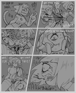1_eye anthro duo female female/female fight forced gore rape robot_gore sex text torture adrewthelolilover gameoverse glitch_productions kit_bodega malice_(gameoverse) domestic_cat felid feline felis mammal robot_anthro absurd_res comic english_text hi_res monochrome