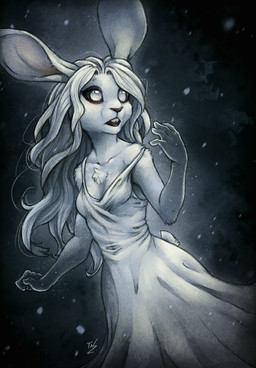 5_fingers anthro biped buckteeth chest_tuft clothed clothing dress female fingers fur hair horror_(theme) long_hair no_pupils solo teeth tuft white_body white_fur white_hair noviraine ghost lagomorph leporid mammal rabbit spirit 2018 digital_media_(artwork) light_theme portrait three-quarter_portrait