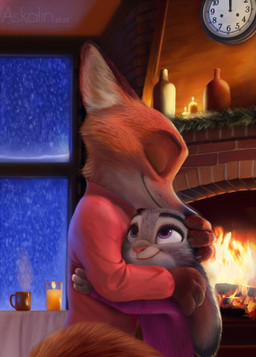 anthro candle clothed clothing container cup duo eyes_closed female fire fireplace fur grey_body grey_fur hug inside male mug on_model size_difference smile snowing_outside standing sweater topwear askalin disney zootopia judy_hopps nick_wilde canid canine european_rabbit fox lagomorph leporid mammal oryctolagus rabbit red_fox true_fox digital_media_(artwork) hi_res