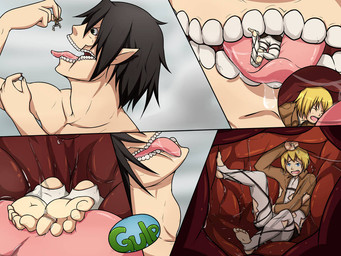 barefoot black_hair blonde_hair blue_eyes bodily_fluids bottomwear brown_clothing brown_jacket brown_topwear clothing cropped_jacket duo feet hair humanoid_pointy_ears jacket macro male male/male not_furry oral_vore pale_skin pants pointy_ears safe_vore saliva shirt soles straps teal_eyes toes tongue tongue_out topwear torn_clothing vore white_bottomwear white_clothing white_pants white_shirt white_topwear airbendingkwakwa attack_on_titan armin_arlert eren_jaeger human humanoid mammal monster titan_(attack_on_titan) 2015 4:3 comic