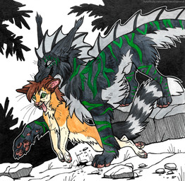 ambiguous_feral ambiguous_gender animal_genitalia black_body black_fur cheek_tuft duo facial_tuft feral fully_sheathed fur genitals green_eyes grey_body grey_eyes grey_fur looking_at_viewer male male_feral markings neck_tuft open_mouth orange_body orange_fur pink_tongue sheath spiral spiral_pupils striped_back striped_legs striped_markings striped_tail stripes tail tail_markings tongue tongue_out tuft yellow_body yellow_fur heatherwolf mythology canid canine dragon furred_dragon furred_scalie mammal mythological_creature mythological_scalie scalie
