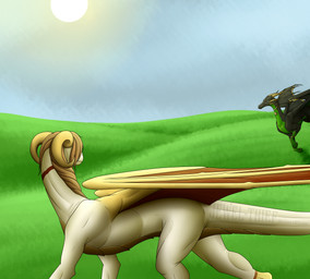 day detailed_background duo feral grass horn membrane_(anatomy) membranous_wings outside plant sky smile standing sun tail wings jewel-thief european_mythology mythology dragon mythological_creature mythological_scalie scalie western_dragon 2014 absurd_res digital_media_(artwork) hi_res