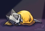 anthro bedding blanket chibi collar eyes_closed female horn simple_background sleeping solo stirren kuki kobold scalie hi_res