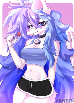 anthro bottomwear candy clothing dessert female fluffy food lollipop looking_at_viewer shorts small_waist solo sparkles thick_thighs rinteen absurd_res hi_res