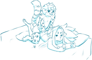 ambiguous_gender anthro anthro_on_anthro bed butt butt_grab clothed clothing duo furniture hand_on_butt lying male on_bed open_mouth pillow shota simple_background smile topless white_background young young_anthro aogami canid canine felid fox leopard mammal pantherine 2021 blue_and_white hi_res monochrome signature
