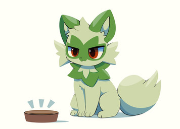 :< ambiguous_gender bowl cheek_tuft container facial_tuft feral fluffy fluffy_tail food_bowl fur green_body green_fur multicolored_body multicolored_fur neck_tuft paws pet_bowl quadruped red_eyes serious_face simple_background sitting solo tail tuft two_tone_body two_tone_fur white_background apolozorua nintendo pokemon felid feline generation_9_pokemon mammal pokemon_(species) sprigatito 2025 digital_media_(artwork) hi_res