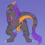 anthro anus balls bent_over black_body black_scales blue_background butt butt_grab digitigrade ear_piercing ear_ring facial_horn feet fur genitals hand_on_butt horn looking_at_viewer looking_back looking_back_at_viewer male nose_horn piercing presenting presenting_hindquarters purple_anus purple_body purple_fur ring_piercing scales simple_background smile solo spread_anus spreading stripes tail tail_tuft tuft deeroni mythology acaris_(character) dragon mythological_creature mythological_scalie scalie 1:1 absurd_res hi_res