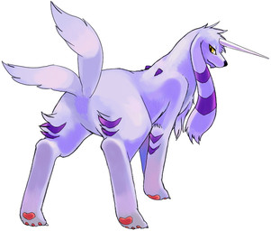 2_tails ambiguous_gender butt chest_tuft digitigrade ear_markings featureless_crotch feet feral fur fur_markings hindpaw horn kemono long_ears long_horn looking_at_viewer looking_back looking_back_at_viewer markings multi_tail null pawpads paws purple_body purple_markings quadruped rear_view simple_background snout solo standing striped_ears tail tuft white_background yellow_eyes suppainu 2008 digital_media_(artwork) shaded
